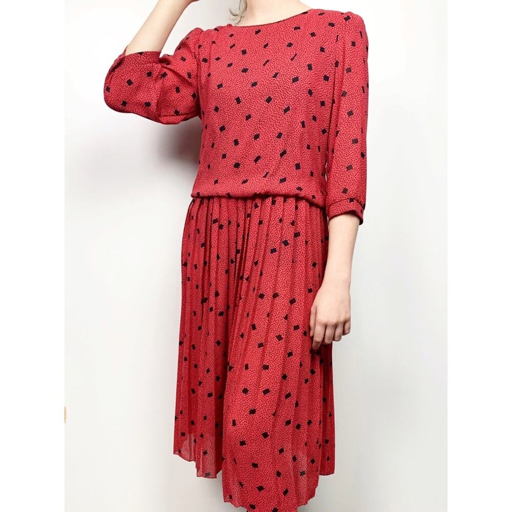 Vintage Alison Peters Dress Size 12 Red Black Pleated Midi Spotted Polka Dot